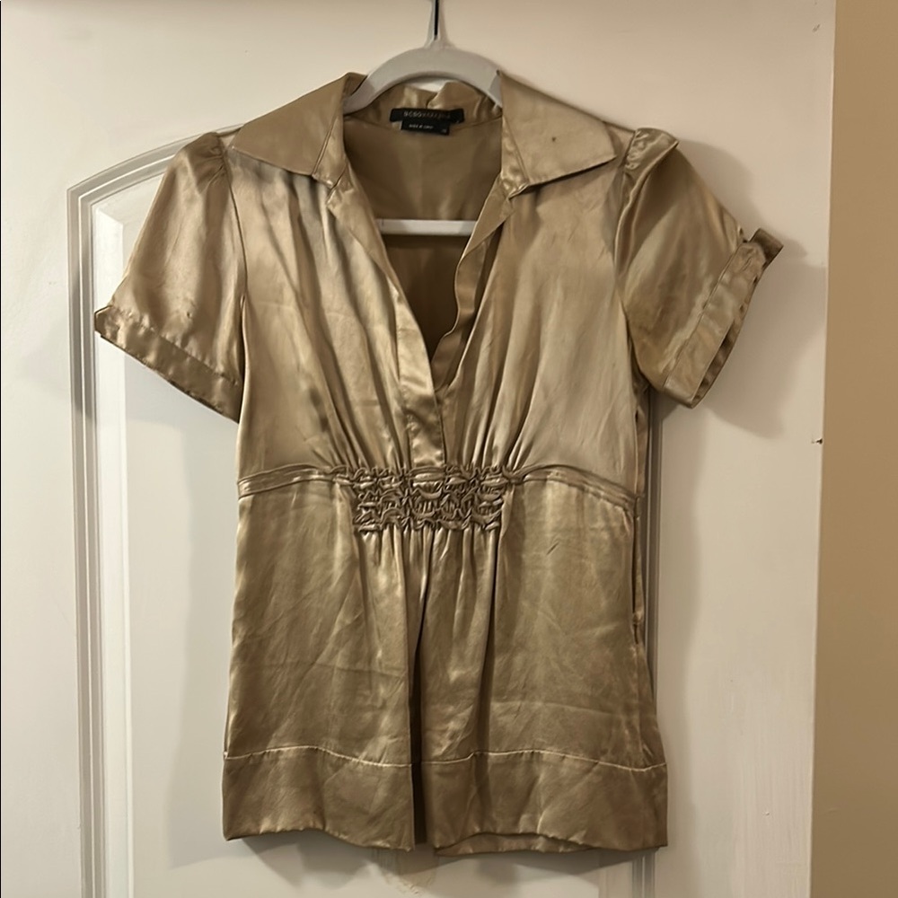 BCBGMaxAzria Gold 100% Silk Blouse with Gathered Waist